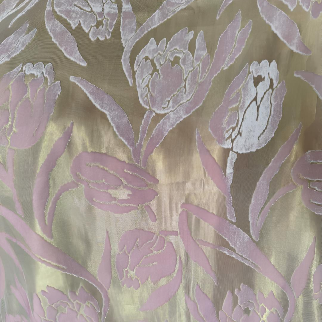 郁金香真丝金皮烧花丝绒【145】桑蚕丝底胚面料开裁后不支持退换