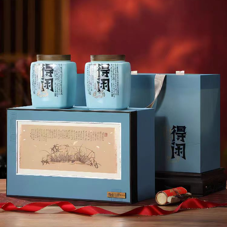 2025年新茶绿茶信阳毛尖豆香板栗香陶瓷罐高档礼盒【得闲-蓝色款】