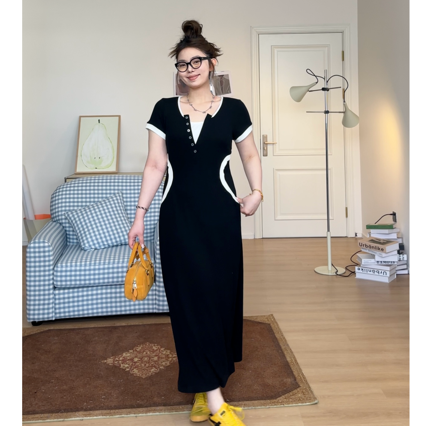 晶咕【括号修容裙】时尚收腰修身设计感短袖假两件长短款连