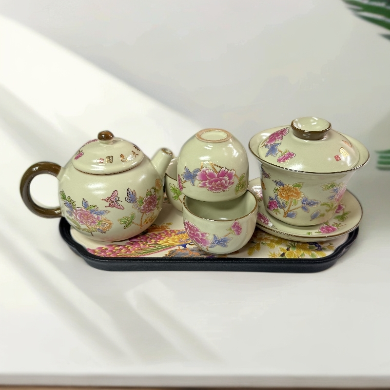 ZH3481-孔雀干泡盘+国色天香小杯*3+国色天香壶+国色天香盖碗