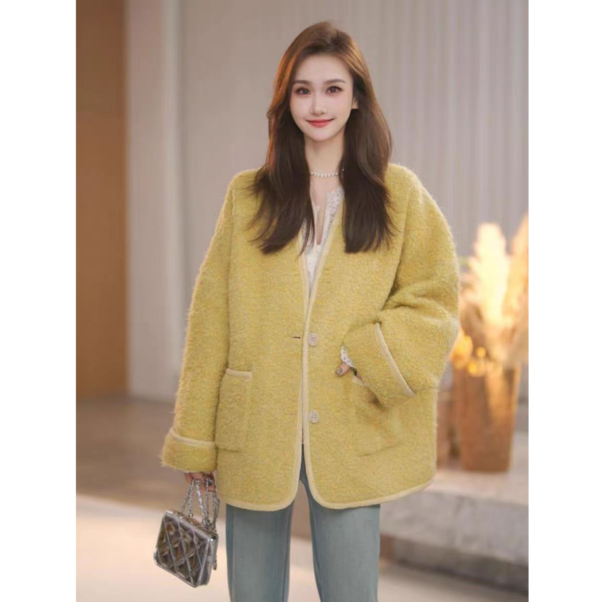小香风气质宽松V领羊毛外套女秋冬保暖高级感上衣(B16)55525(ZZ)