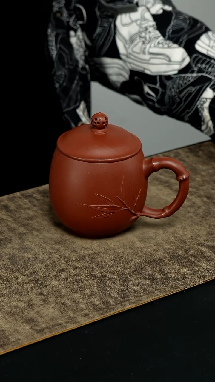 【闪购商品】紫砂茶壶紫泥 贴塑竹叶竹把款盖杯