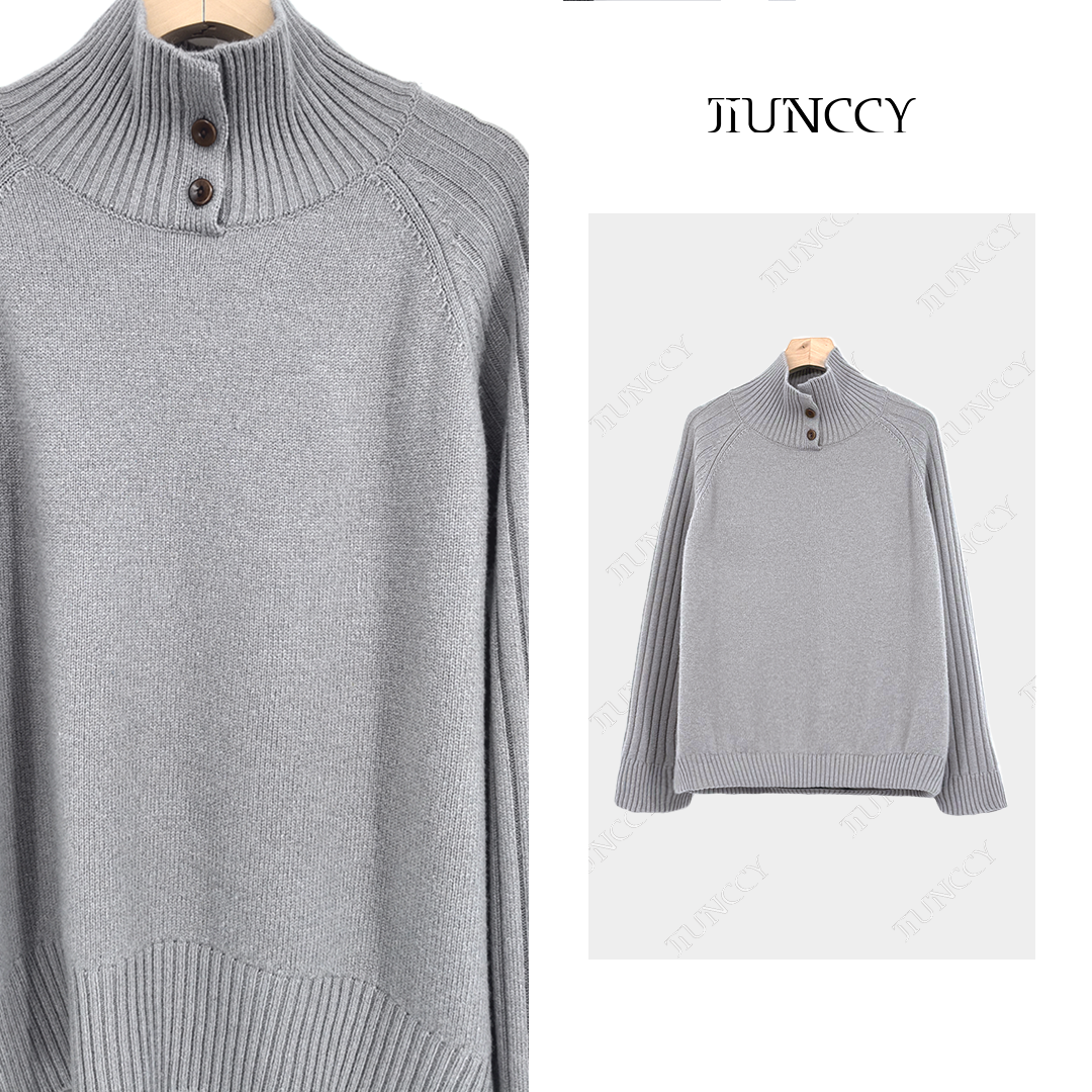 JIUNCCY【拾忆】100绵羊毛两粒扣罗纹坑条插肩袖针织毛衣 52YZZ194