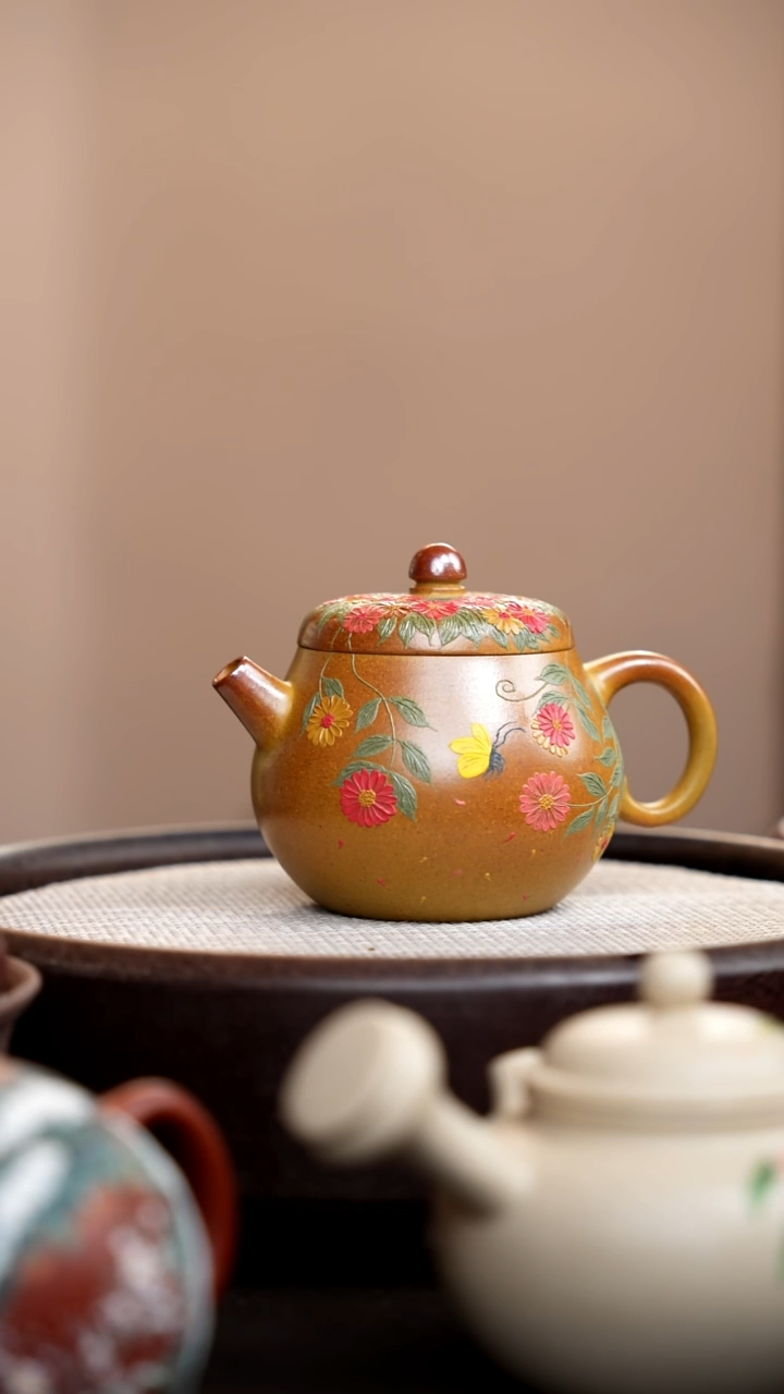 茶壶紫砂柴烧文旦泥绘雏菊
