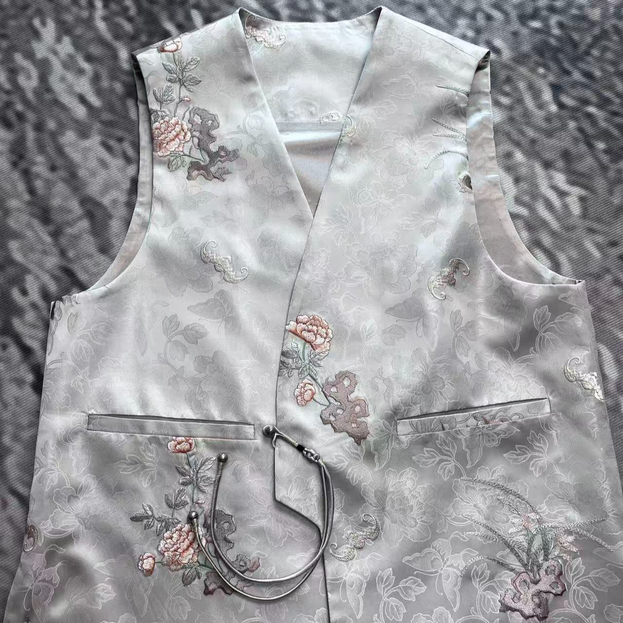 V领立领植物花卉宽松型马夹提花唐装上衣水墨