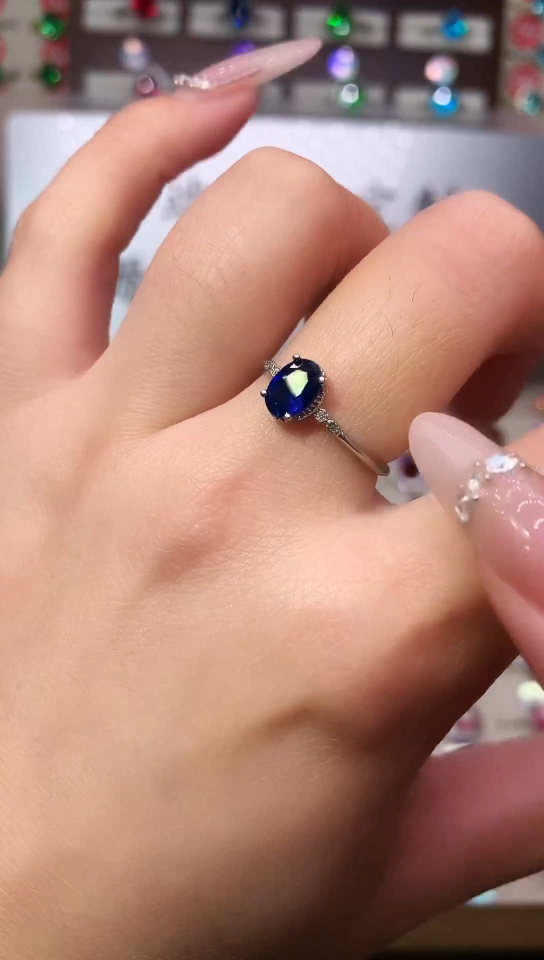 戒指蓝宝石银S925镶嵌5*7 银托