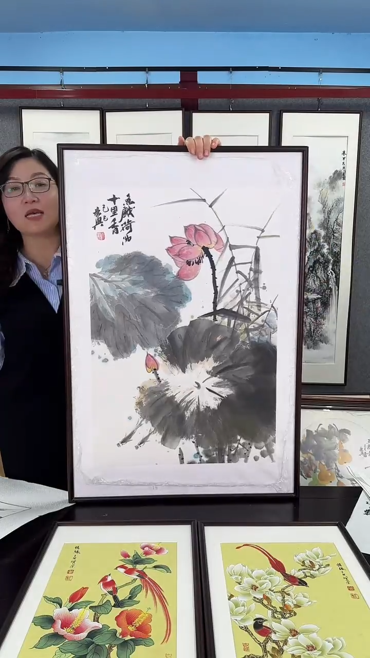 国画实木装裱 荷花 60*90