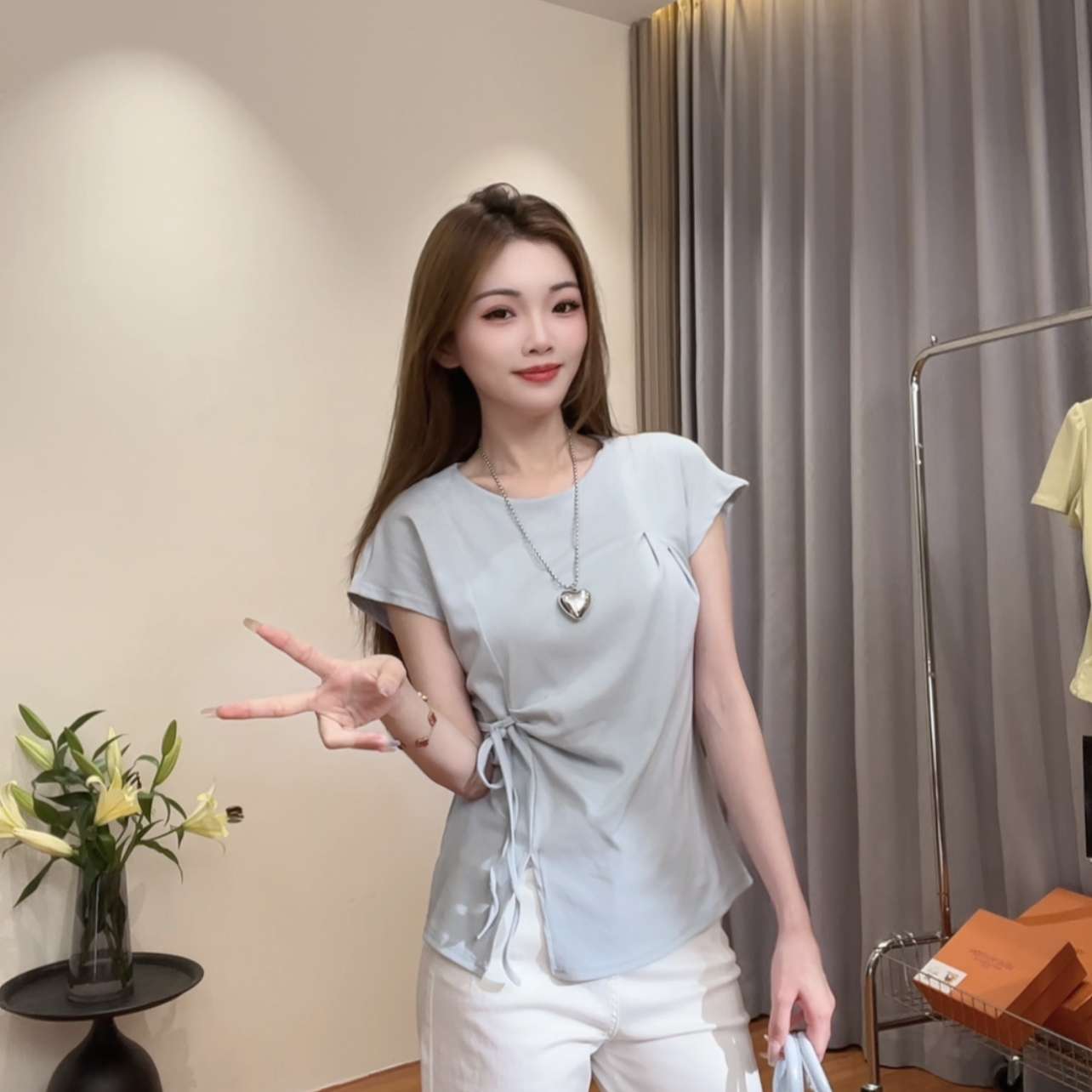 夏季新款韩系百搭显瘦绑带设计宽松舒适短袖恤女