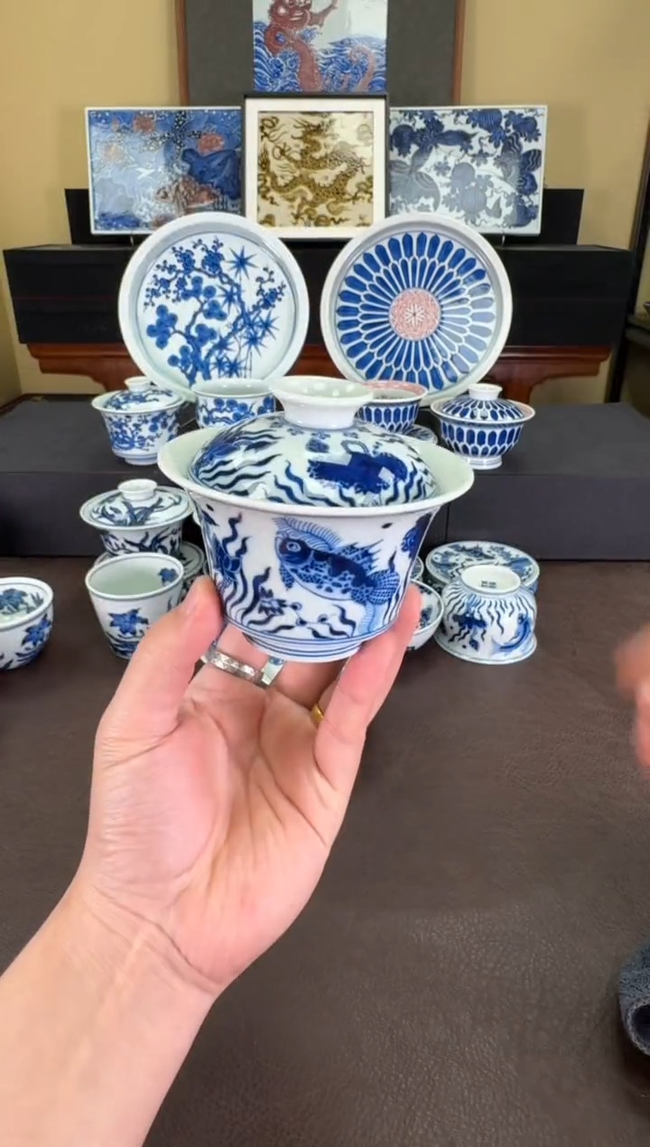 【闪购商品】瓷片羿器窑鱼藻纹马蹄盖碗