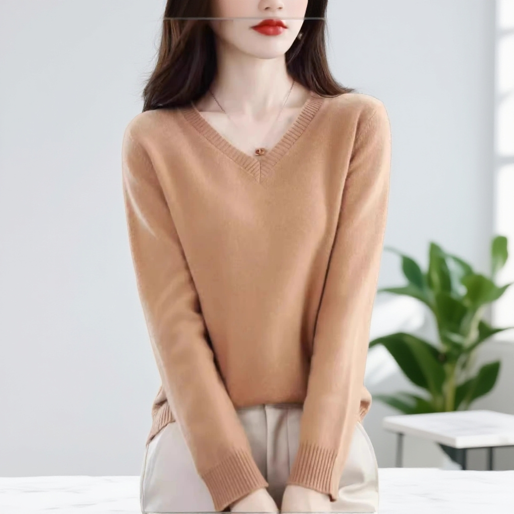 女款纯色V领衫针织上衣圆领气质长袖毛衣纯色