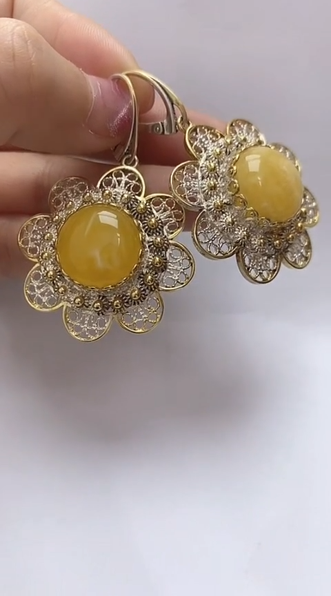 【闪购商品】琥珀裸石银S925镶嵌蜜蜡耳坠