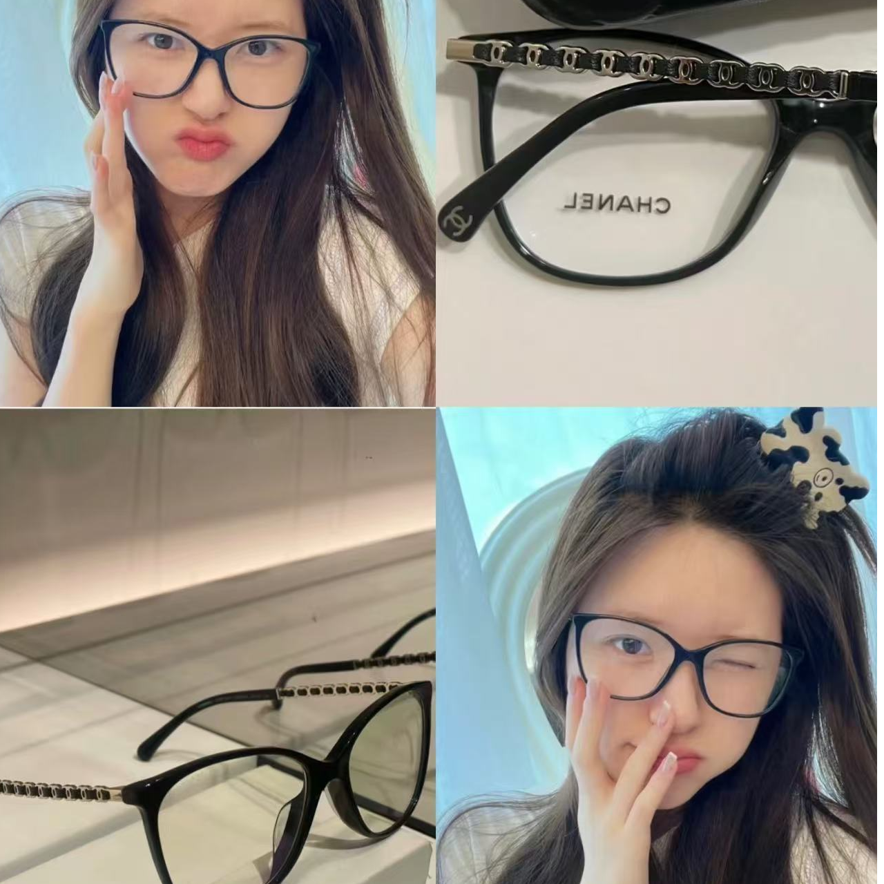 未使用 Chanel/香奈儿 赵露思同款型号3408皮穿链黑金平光眼镜