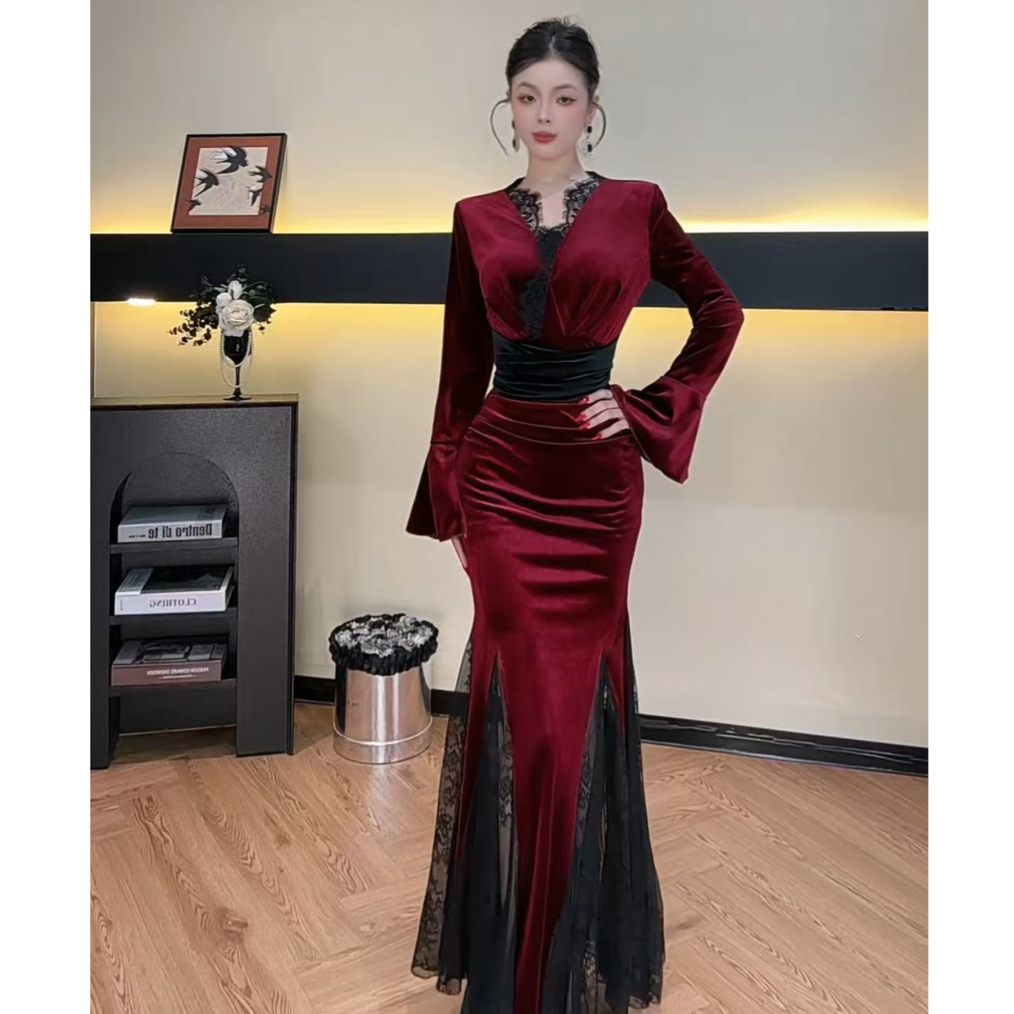 【夕夕推荐】优雅气质风金丝包臀时尚套装长款晚礼服YXIYF53118