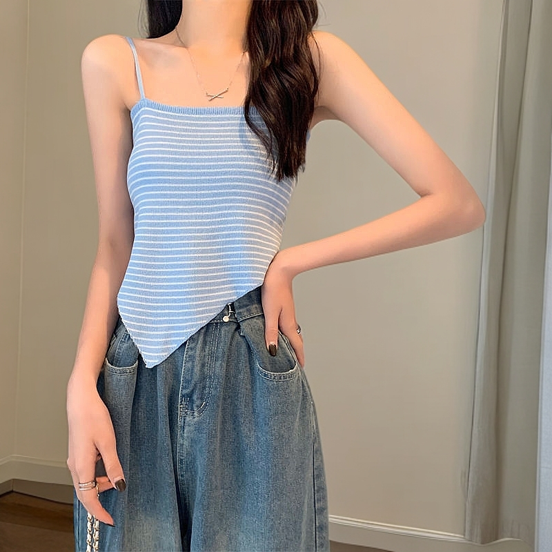 3686撞色条纹修身显瘦吊带衫不规则上衣夏装新款韩版针织背心女潮