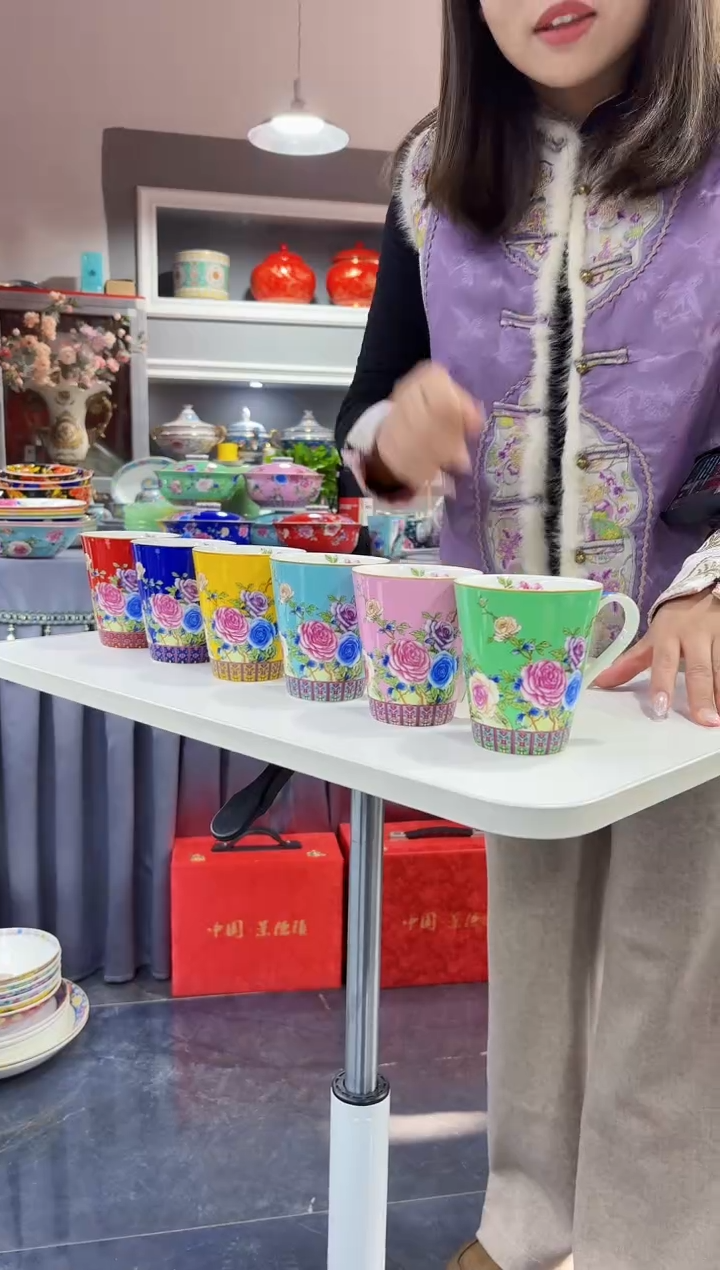 珐琅 牡丹花卉杯子6只装景德镇陶瓷