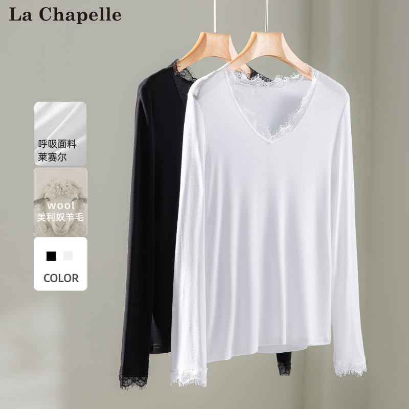 La Chapelle/拉夏贝尔轻职风常规型内搭V领拼接蕾丝秋季百搭T恤