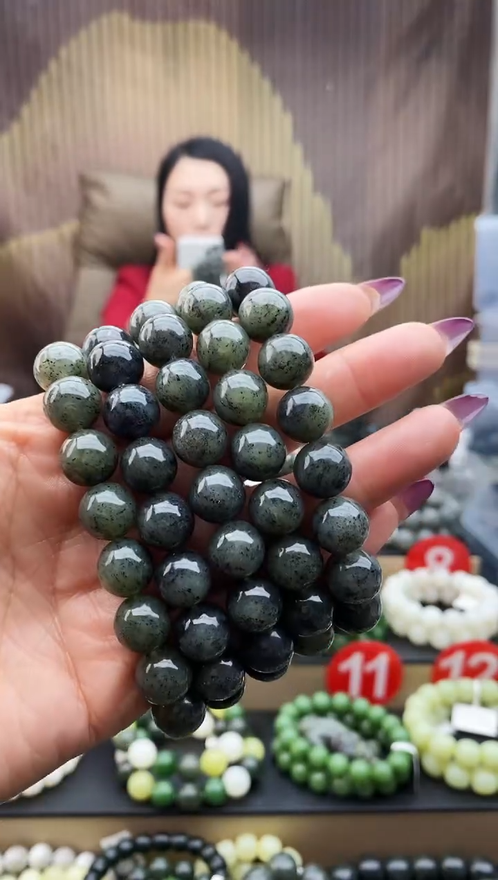 未镶嵌手串和田玉点墨青花12拍一发一