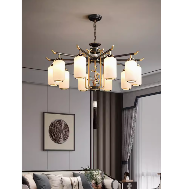 复式全铜实木新中式大吊灯中国风禅意简约大气别墅家用客厅全铜灯