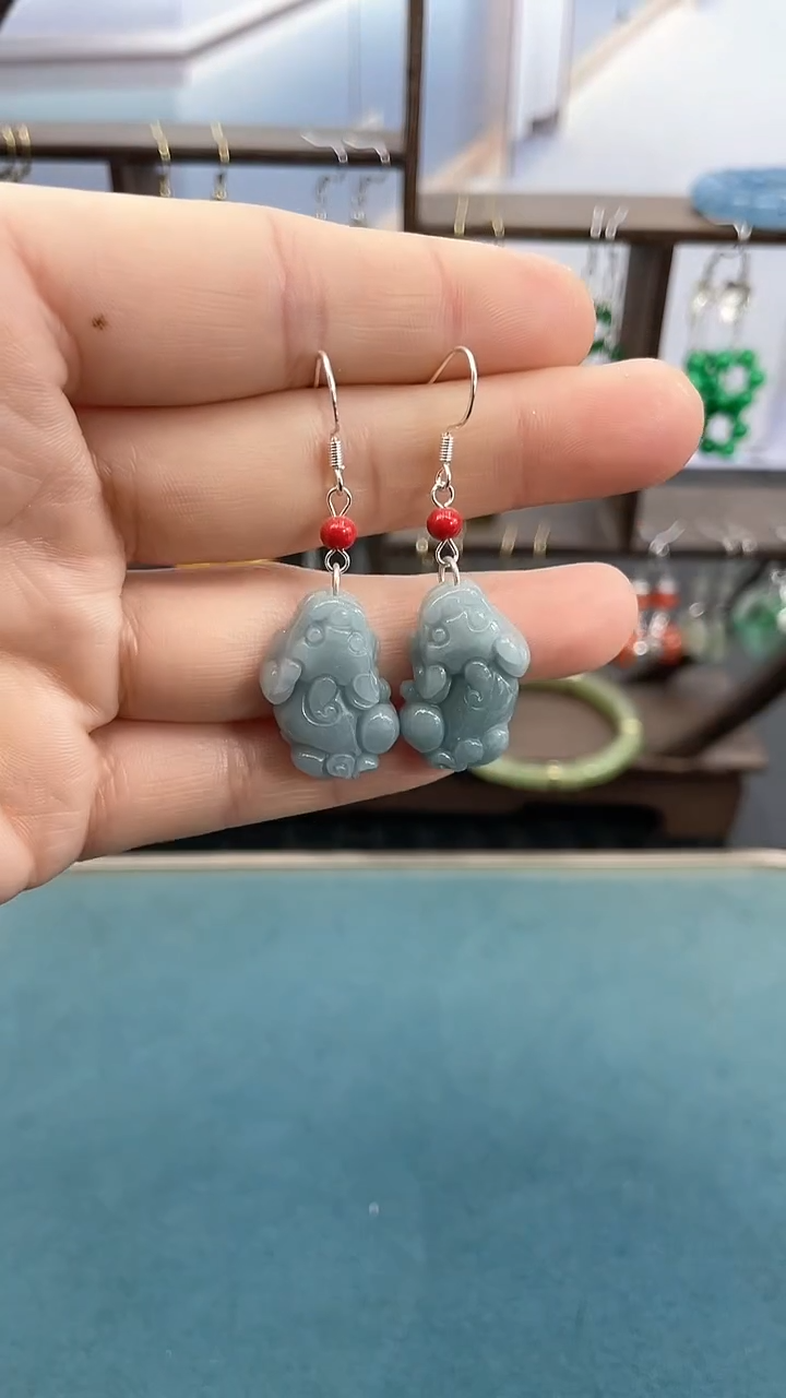 银S925镶嵌翡翠耳饰蓝水貔貅