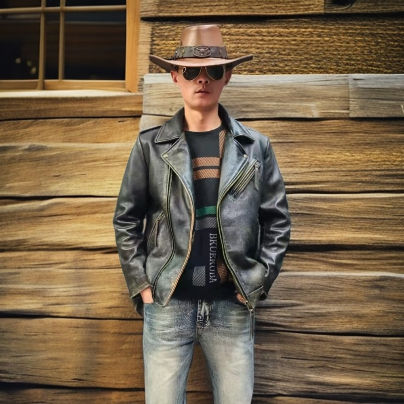 斜拉链机车男款外套头层牛皮重工水洗经典复古做旧真皮皮夹克痞帅