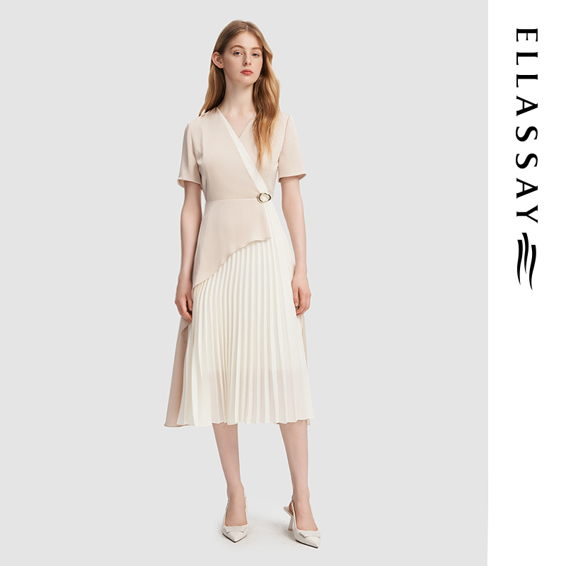 ELLASSAY歌力思春夏新款欧若风撞色百褶连衣EWD356Y06700