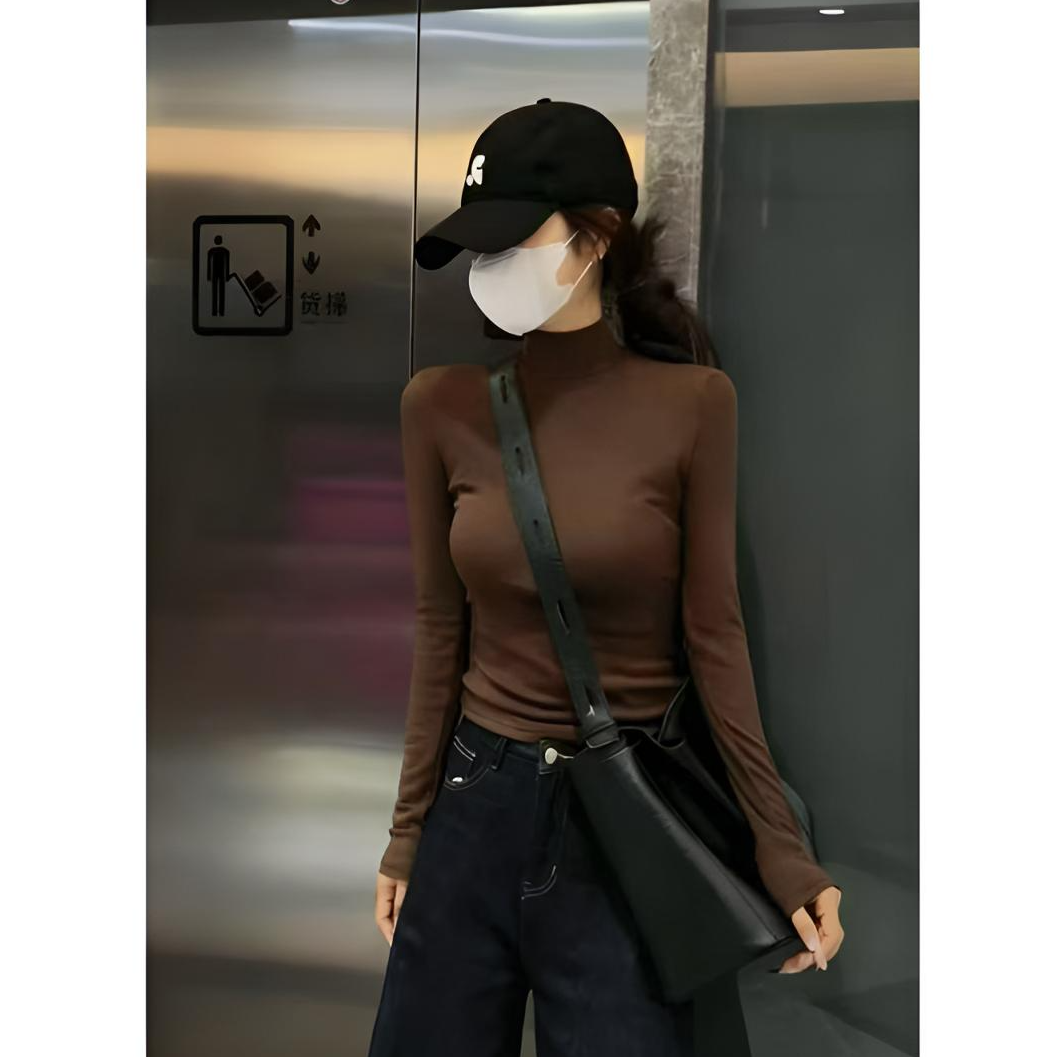 2025秋冬双面绒加厚款半高领纯色长袖T桖时尚修身显瘦百搭打底衫