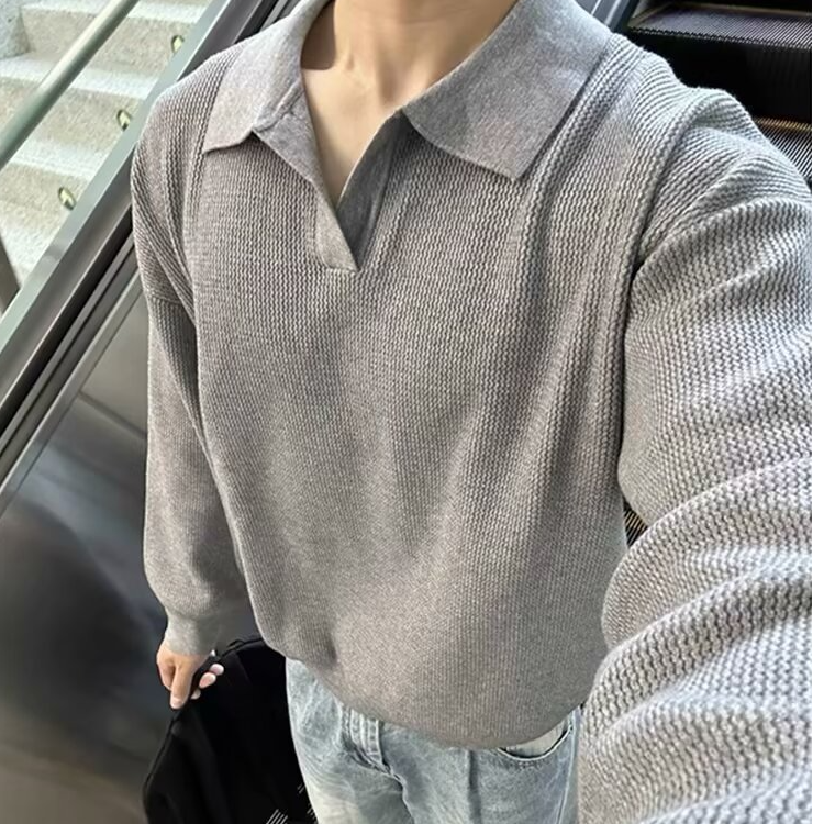 polo领长袖T恤女秋季内搭黑色打底衫设计感小众修身短款针织上衣