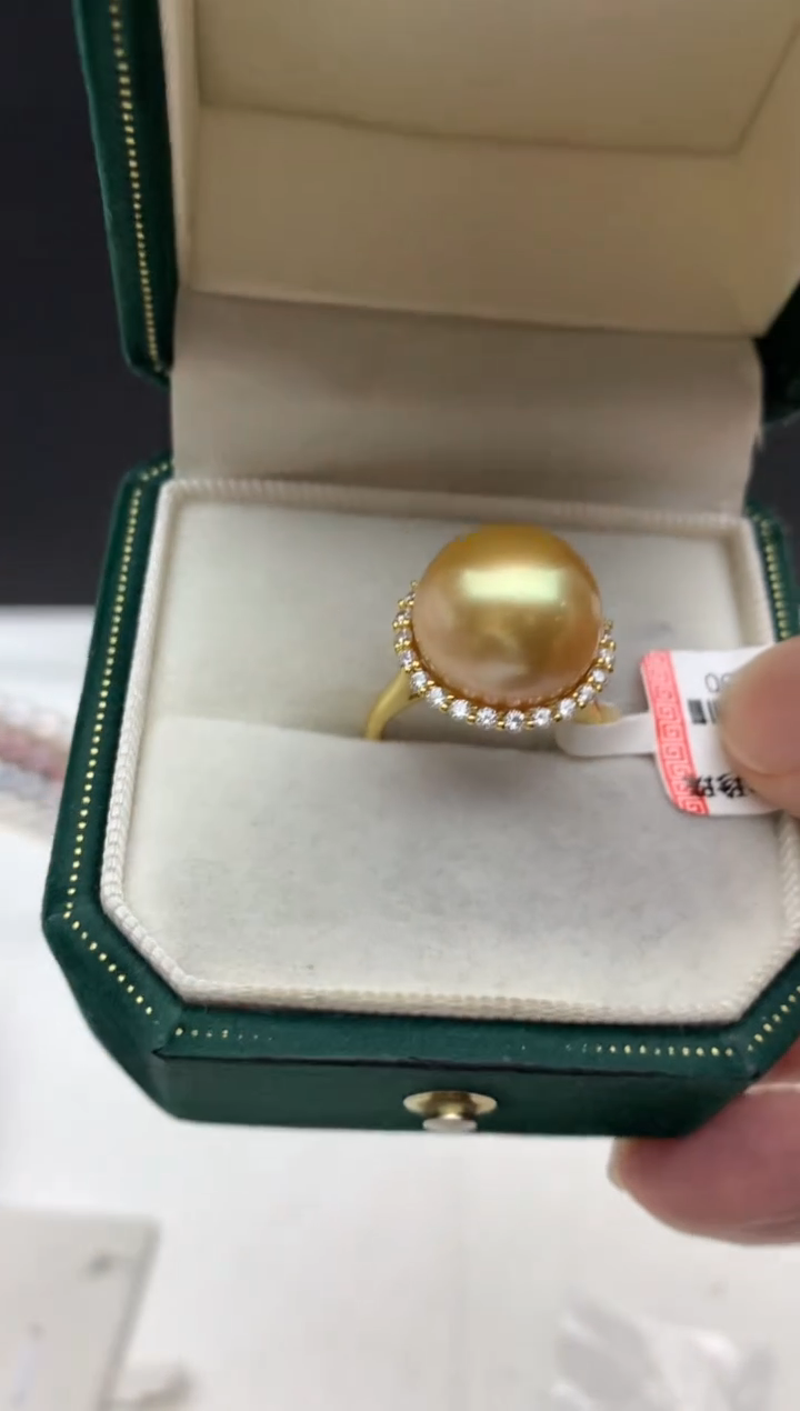 银S925镶嵌ff海水珍珠金珠戒指13~14mm