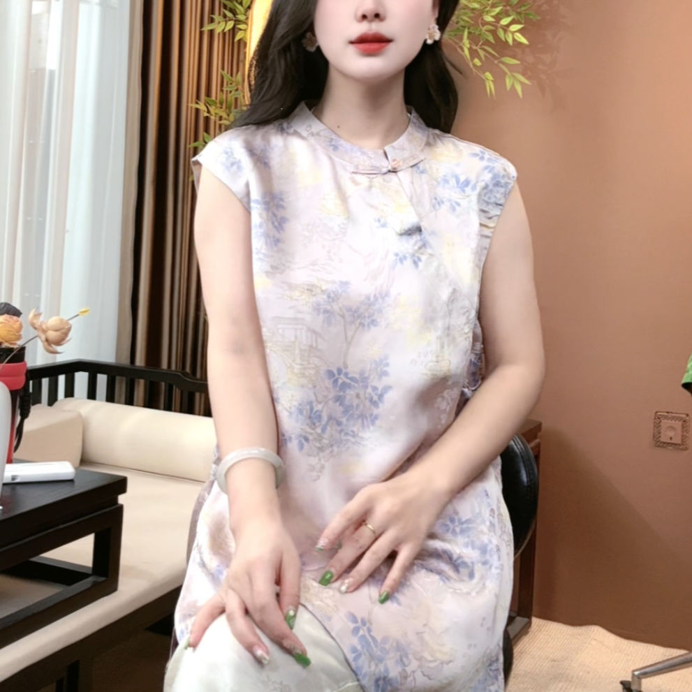 夏季新中式桑蚕丝盘扣立领短袖提花时尚中国风百搭气质短袖女S128