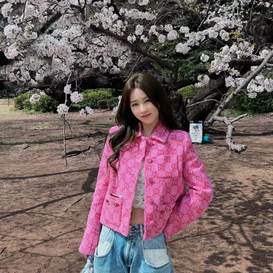 未使用 GUCCI/古驰 24FWlogo满印单排扣棉质翻领长袖外套 粉色/36