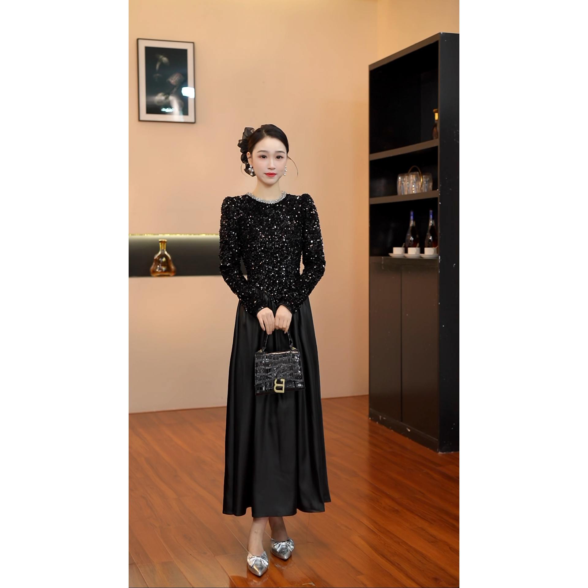 6958【暗夜精灵】黑色时尚端庄优雅显瘦气质亮片修身长裙