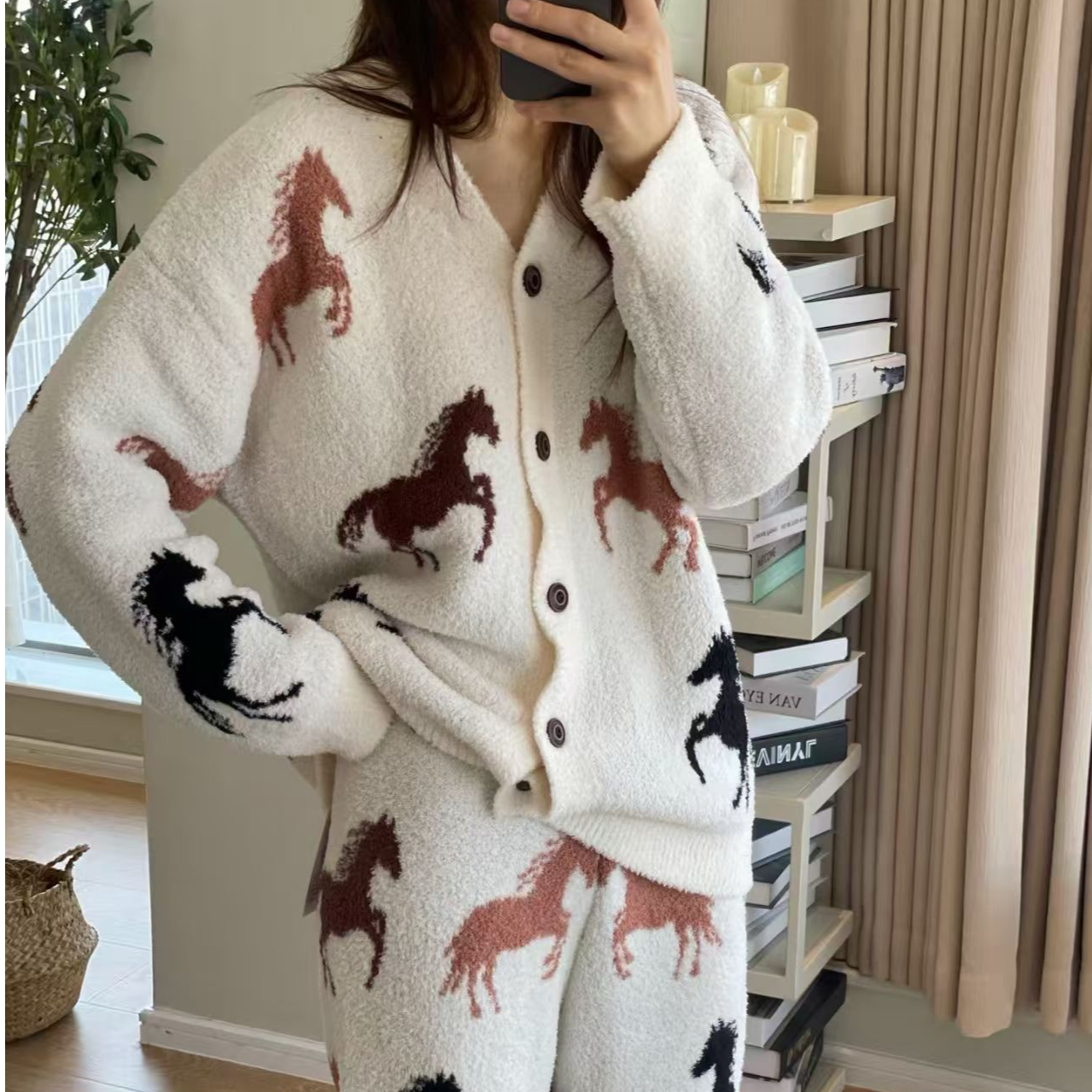 新款半边绒女冬季保暖加厚加绒可外穿开衫睡衣家居服套装