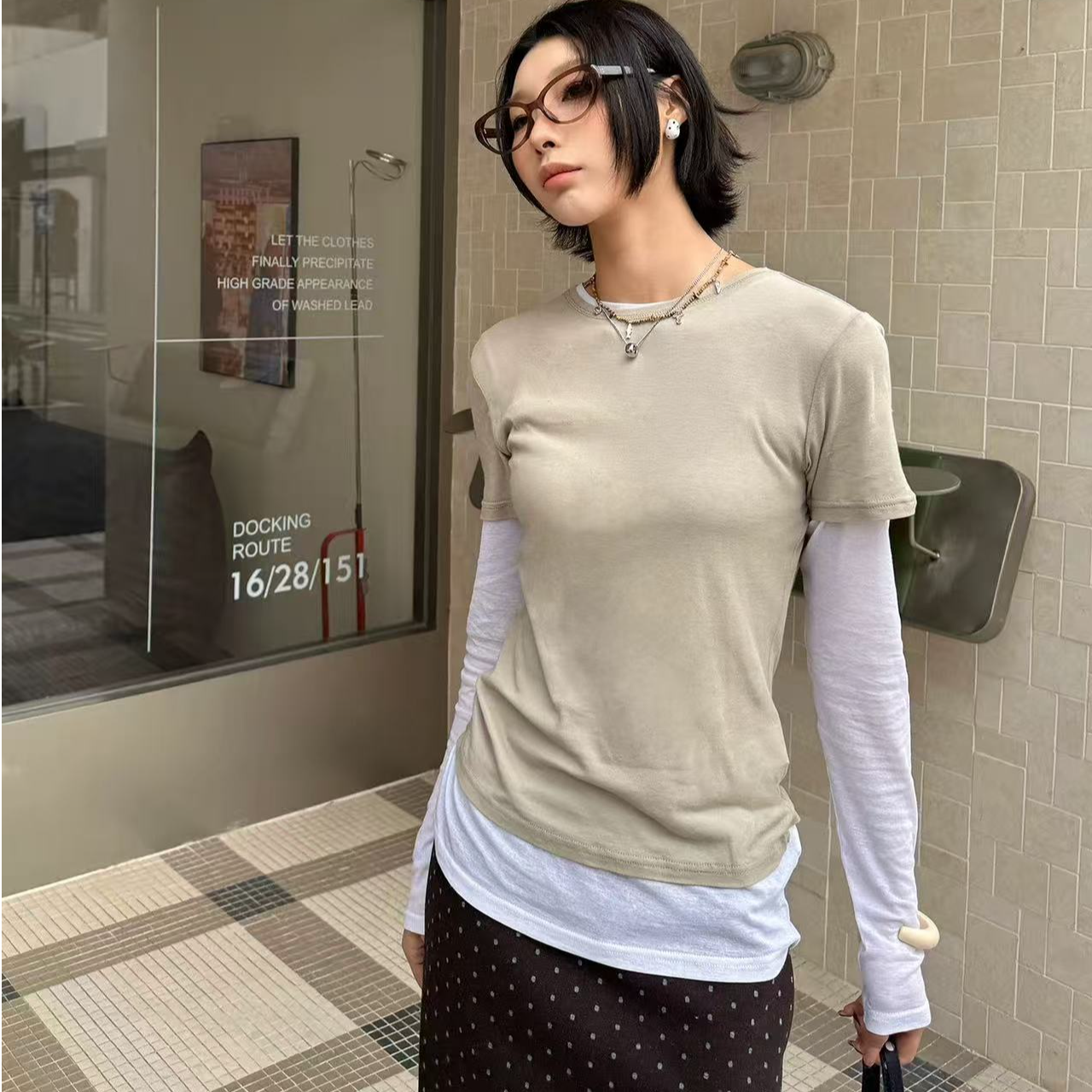 ANNAM26新款撞色真两件修身长袖打底T恤