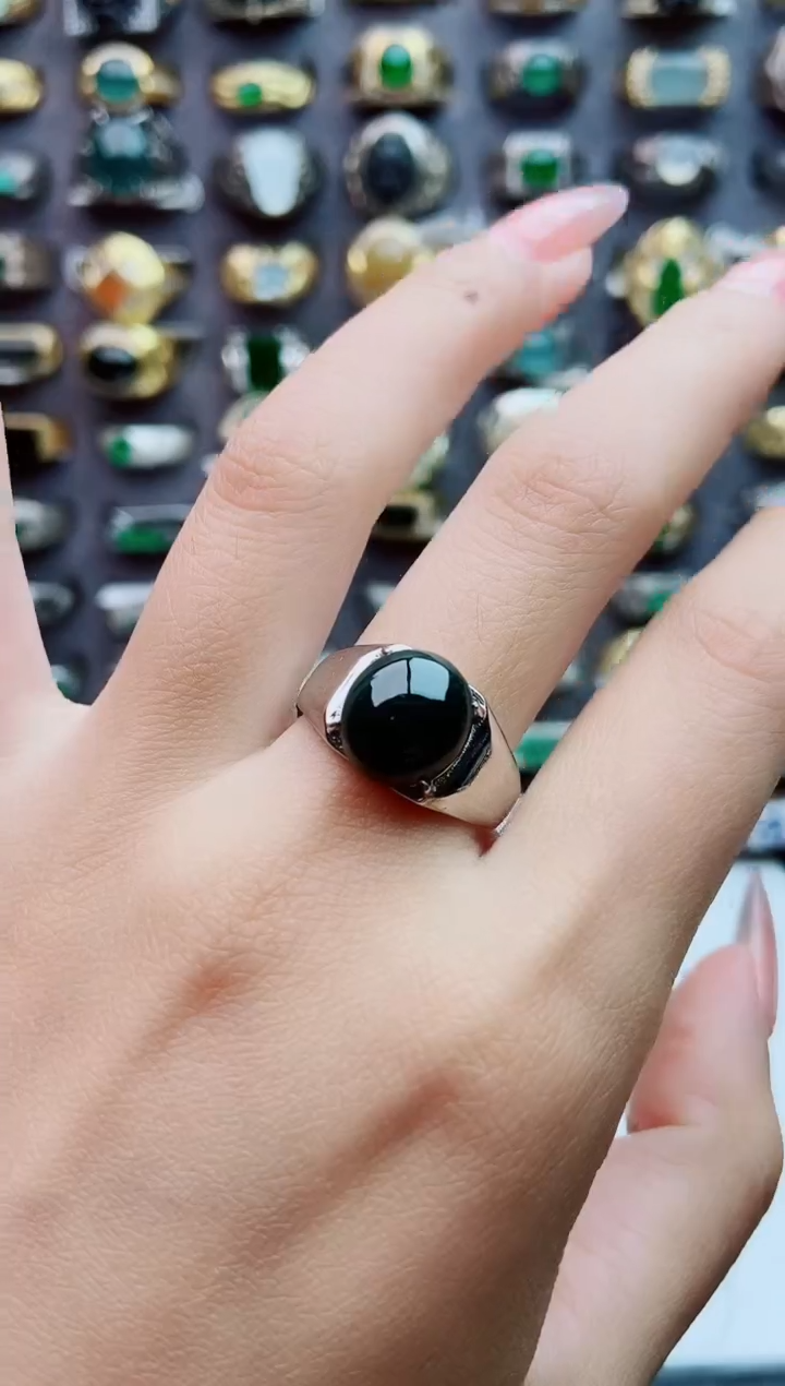 银S925镶嵌戒指翡翠天然翡翠男戒