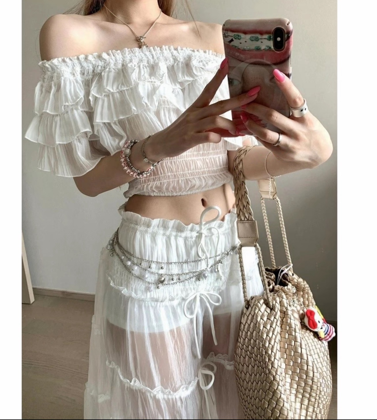 度假风甜美纯欲一字肩大长裙飘逸纱裙显身材气质雪纺小个子大裙摆