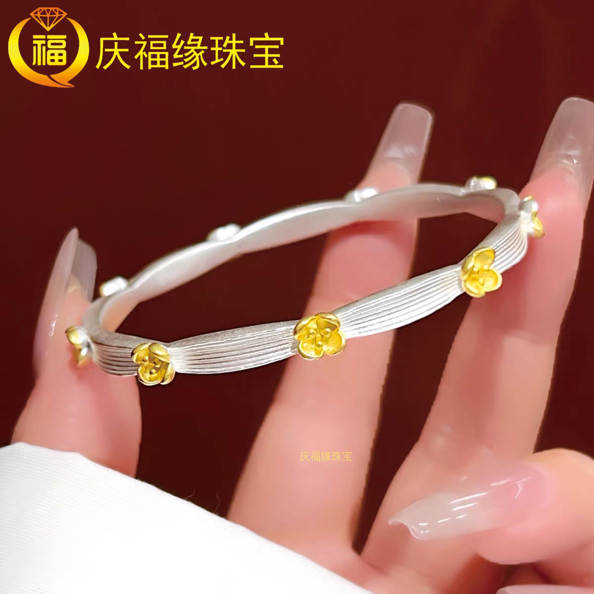 足银手镯 桂花纯银手镯9999描金实心闭口银首饰国风年轻新款60号