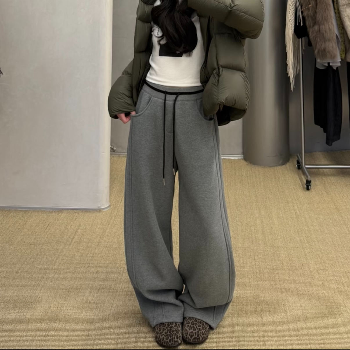 【针织腰撞色加绒弯刀裤】冬季新款休闲沐冬绒针织腰加绒加厚弯刀裤