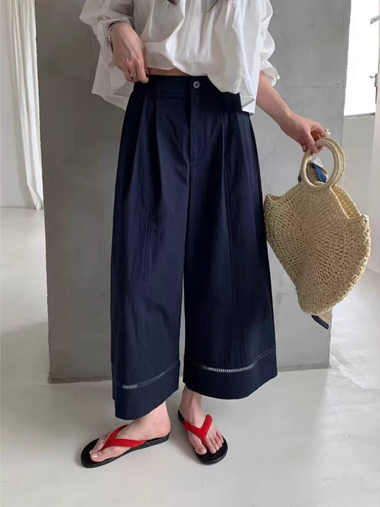 夏季高腰九分阔腿裤女时尚百搭镂空设计宽松直筒休闲裤