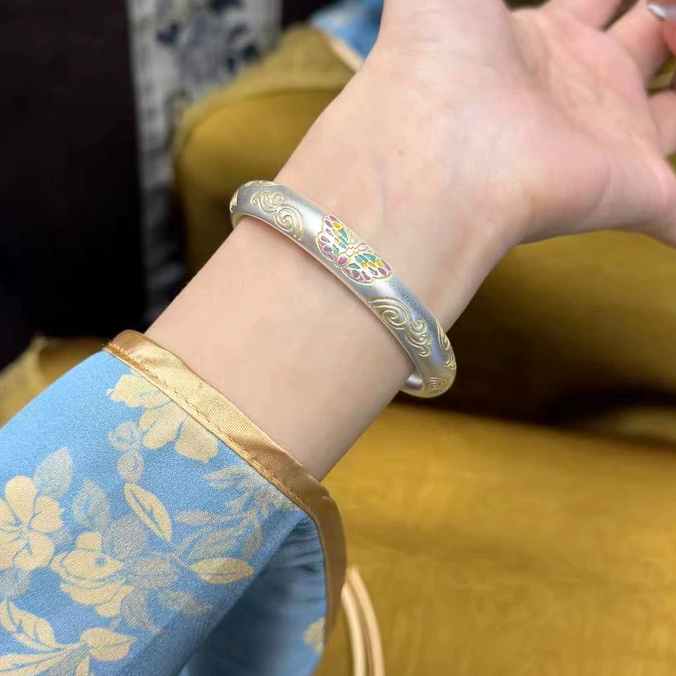 足银手镯 1号-描金蝴蝶【闭口】手镯