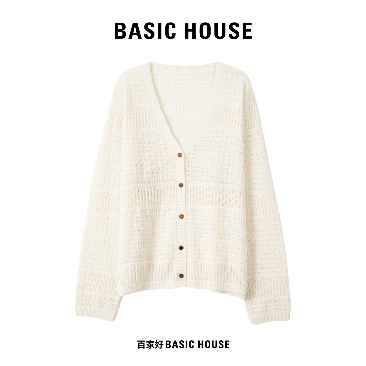 Basic House/百家好2025秋季纹理感单排扣镂空法式针织衫L502 MM