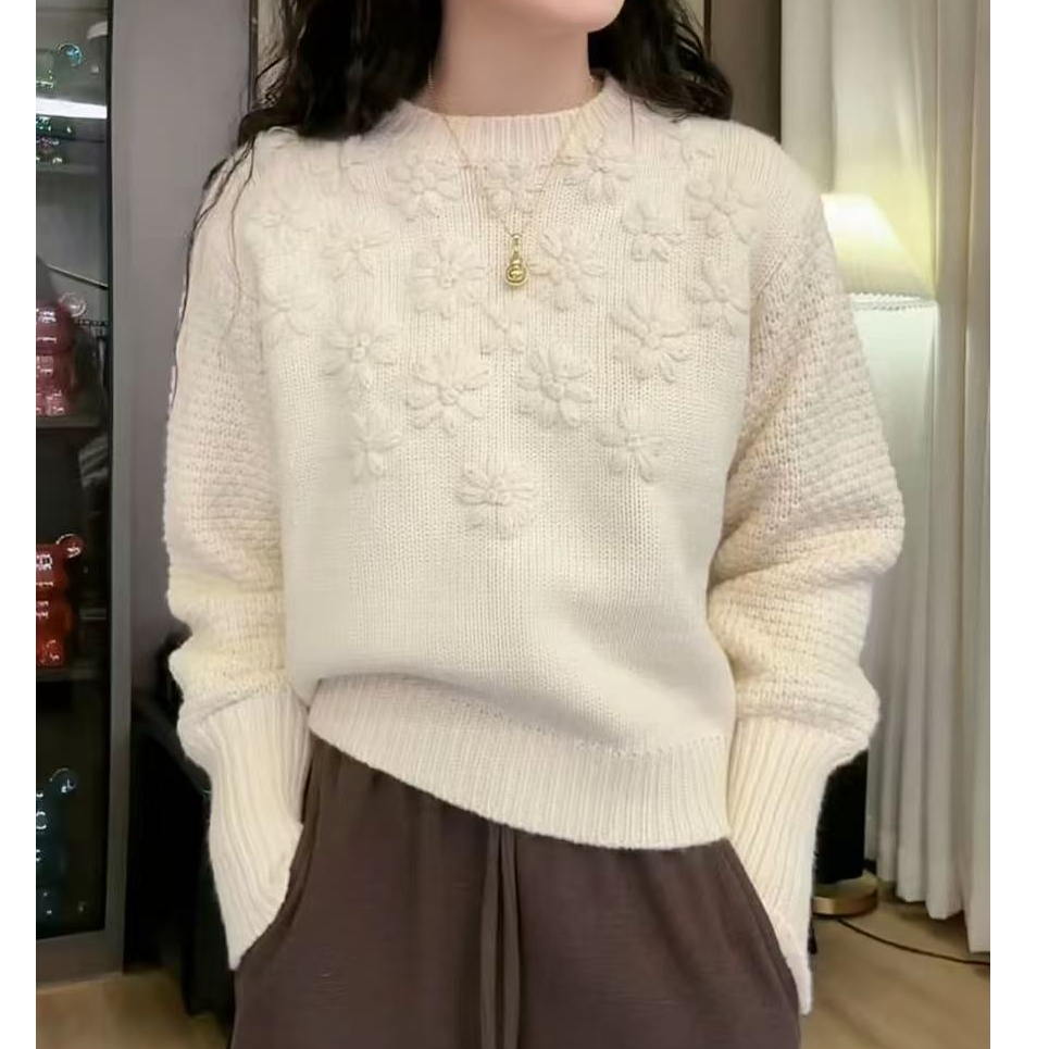 2025秋冬新款时尚气质钩花针织衫长袖毛衣显瘦百搭女上衣8898长52
