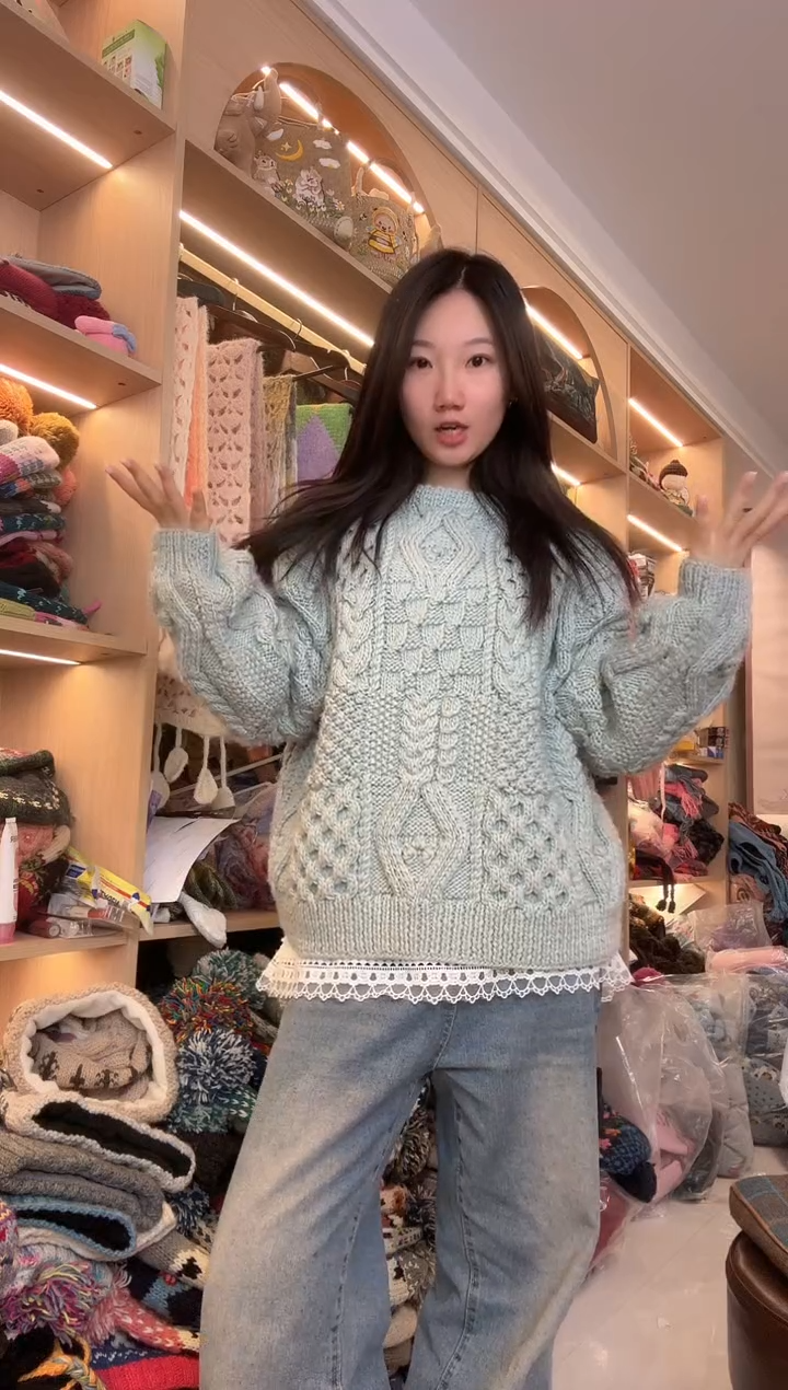 羊毛纯手工薄荷绿毛衣