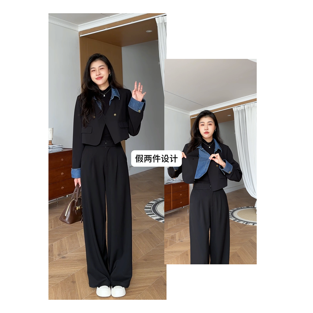 张阿星【罗曼巴黎】拼接假两件短西装外套+直筒裤W425A12495