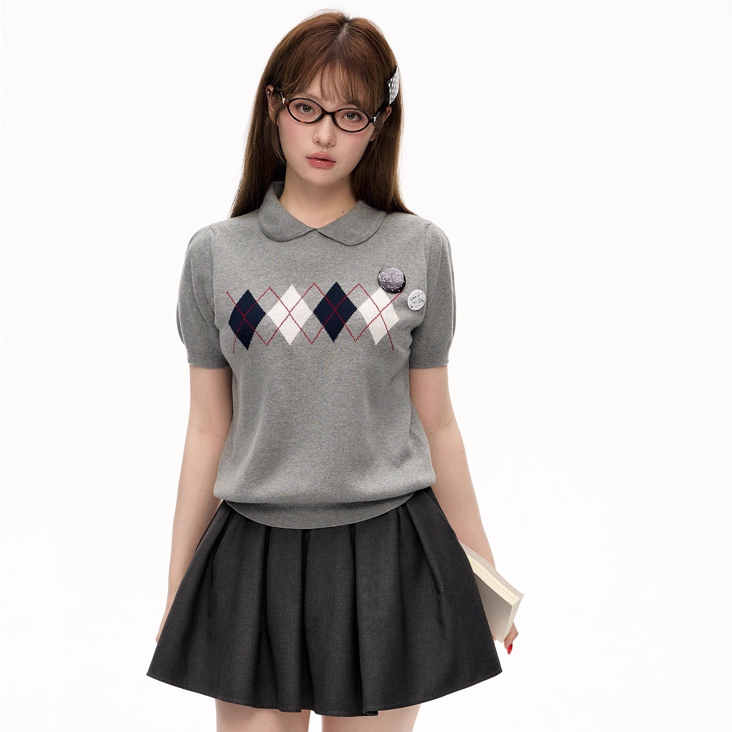 Romance Nanci菱格纹针织短袖女小众时髦学院风娃娃领毛衫上衣