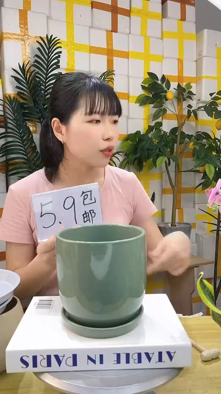 陶瓷花盆绿色口径14/高度14