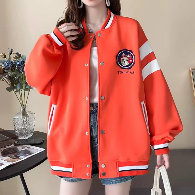 春秋款棒球服桔色蝴蝶结耳机小狗刺绣款外套女