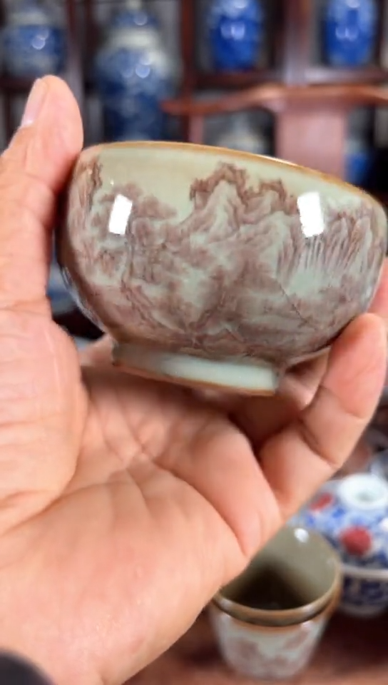 柴窑釉里红内外山水罗汉杯