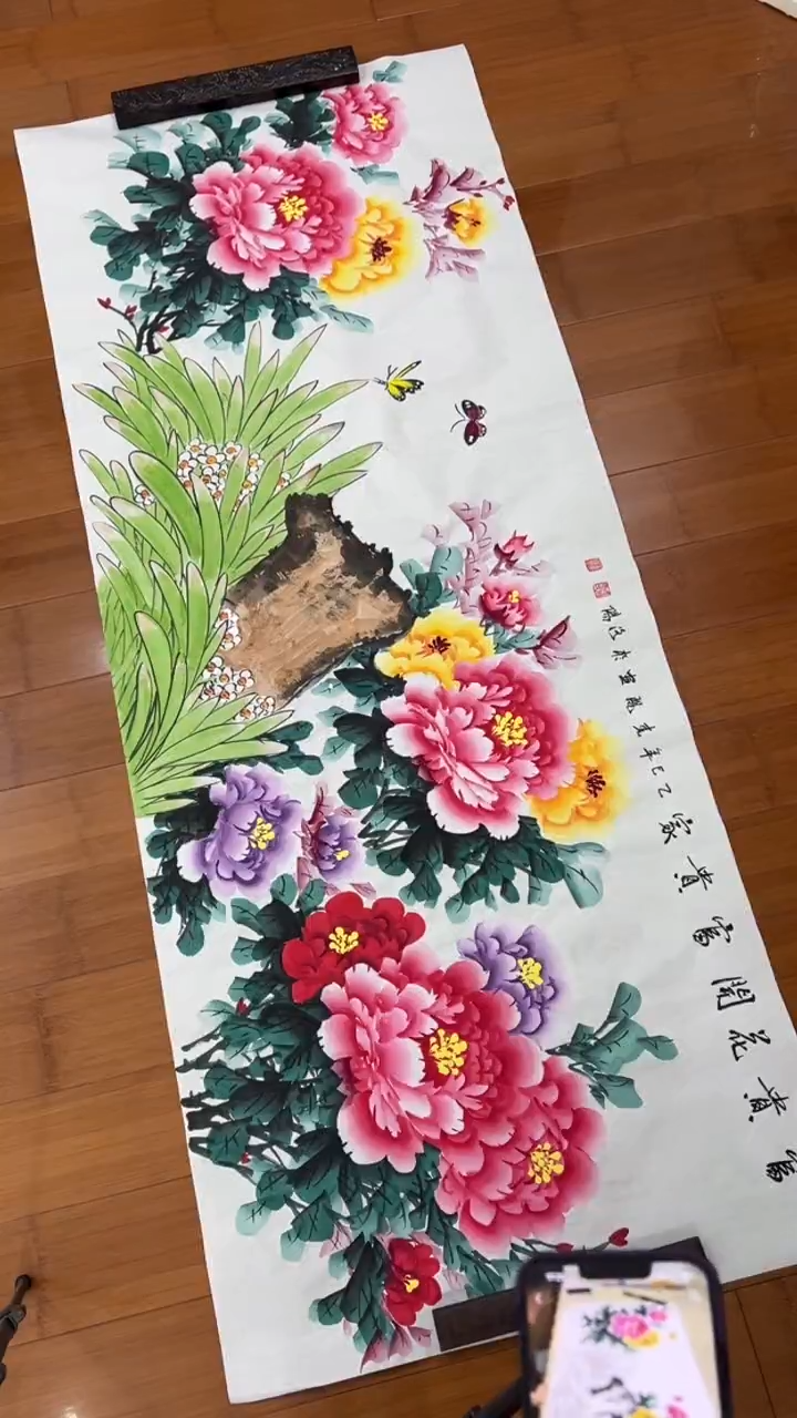 国画【福利，纯手工手绘】李春凤牡丹横幅180*68厘米