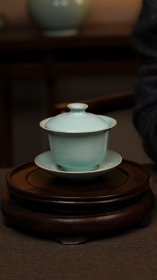 瓷片天青色全手工三才元宝盖碗150ml微瑕不带礼盒