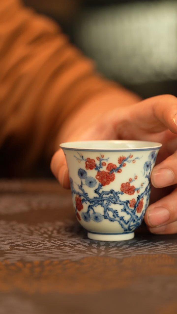 林泉风月青花釉里红松竹梅杯子